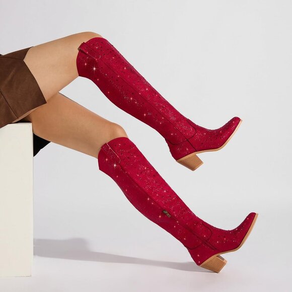 Women's Red Rhinestone Sparkly Over Knee Pointed Toe Chunky High Heel Boots - Picture 2 of 7